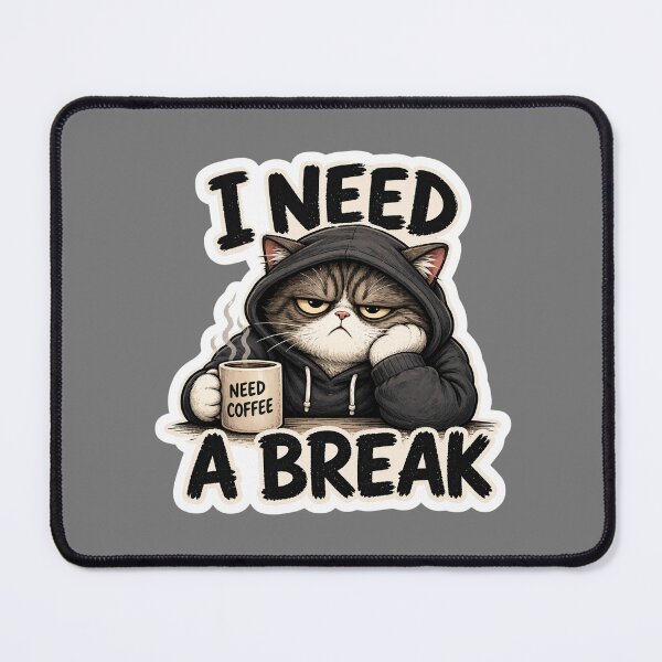 Item preview, I Need A Break Cat Sticker | Funny Tired Cat Meme | Grumpy Coffee Cat designed and sold by K-Vibe Design Studio.