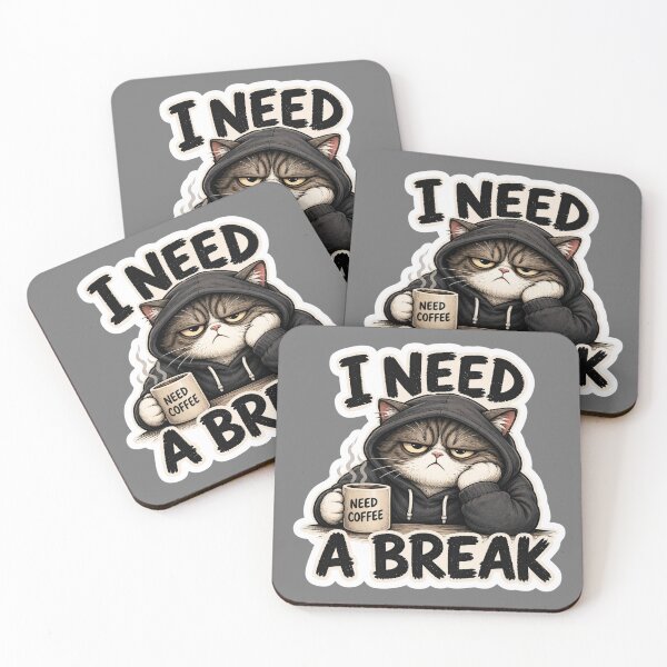 Item preview, I Need A Break Cat Sticker | Funny Tired Cat Meme | Grumpy Coffee Cat designed and sold by K-Vibe Design Studio.