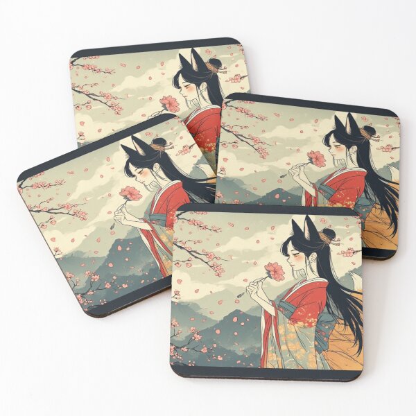 Item preview, Kitsune Fox Girl Anime Art Print – Fox Spirit with Sakura and Mountains, Japanese Mythology Wall Art designed and sold by ukiyo-beasts.