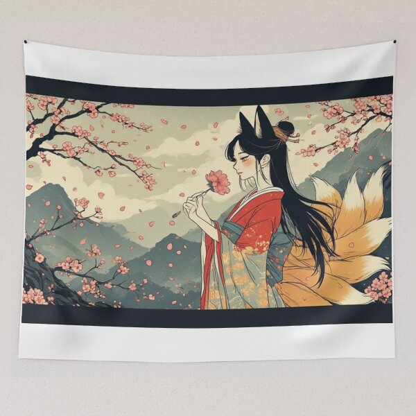 Item preview, Kitsune Fox Girl Anime Art Print – Fox Spirit with Sakura and Mountains, Japanese Mythology Wall Art designed and sold by ukiyo-beasts.