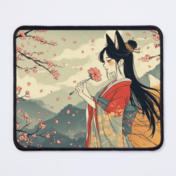 Item preview, Kitsune Fox Girl Anime Art Print – Fox Spirit with Sakura and Mountains, Japanese Mythology Wall Art designed and sold by ukiyo-beasts.