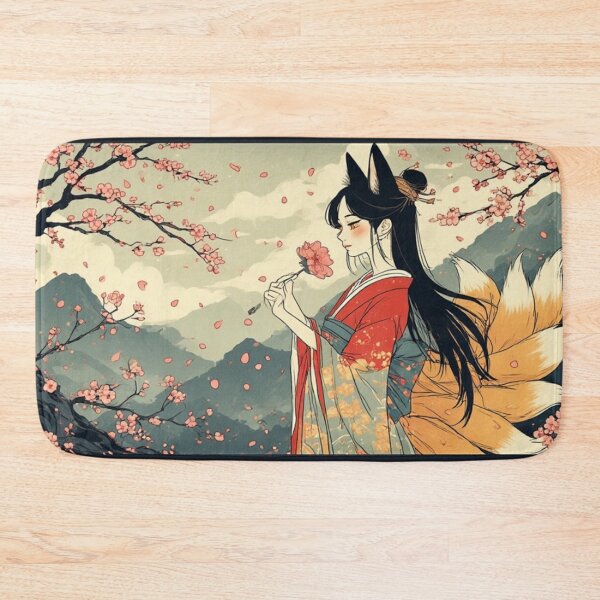 Item preview, Kitsune Fox Girl Anime Art Print – Fox Spirit with Sakura and Mountains, Japanese Mythology Wall Art designed and sold by ukiyo-beasts.
