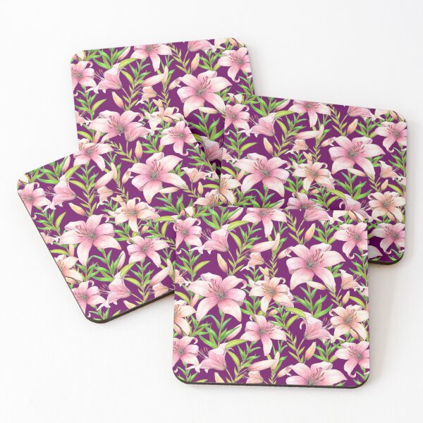 Item preview, Bright Pink and Cream Lilies with Green Foliage on Purple designed and sold by Nadya Neklioudova.