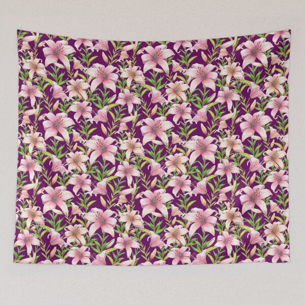 Item preview, Bright Pink and Cream Lilies with Green Foliage on Purple designed and sold by Nadya Neklioudova.