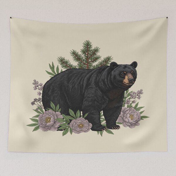 Item preview, Black Bear With Lavender Peonies And Pine Branches designed and sold by BirdsnStuff.