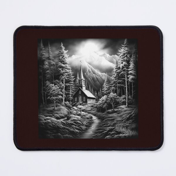 Item preview, Black and White Gothic Mountain Church in Snowy Forest designed and sold by inkoutninja.