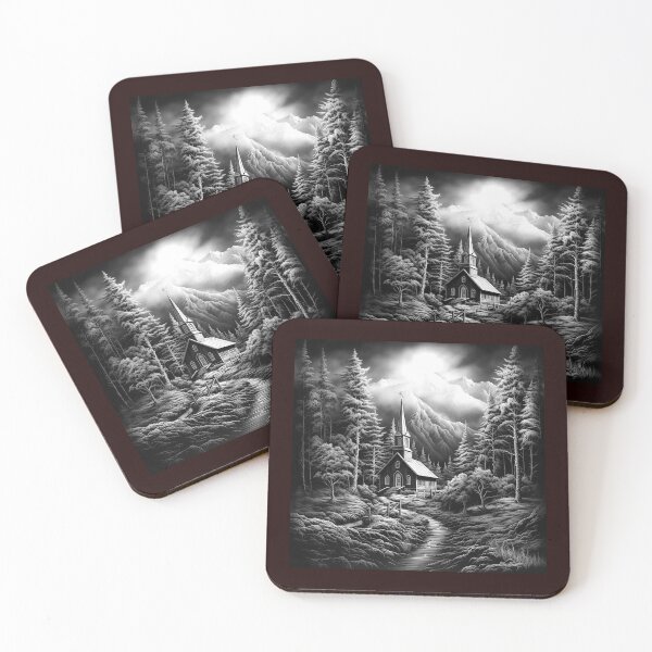 Item preview, Black and White Gothic Mountain Church in Snowy Forest designed and sold by inkoutninja.