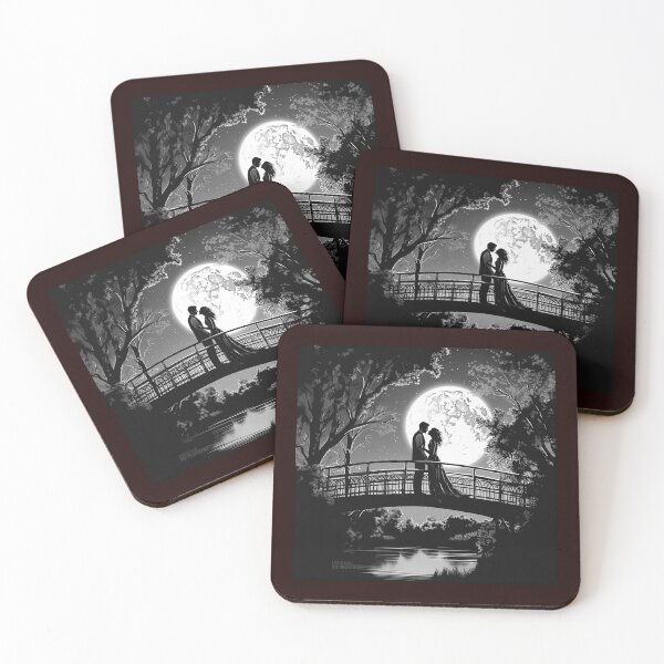 Item preview, Romantic Couple on Moonlit Bridge Black and White Art designed and sold by inkoutninja.
