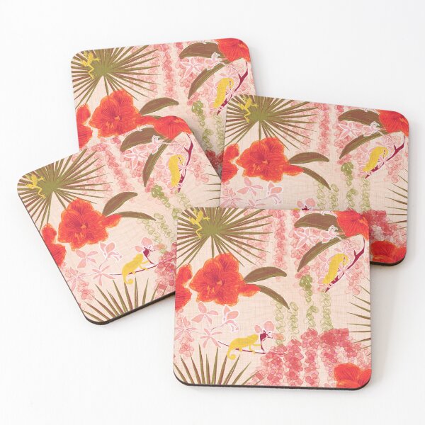 Item preview, Hot House Tropical Floral with Geckos, Frogs, Plumeria Retro Pink Red Blush designed and sold by LoveAlways-AEP.