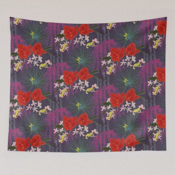 Item preview, Hot House Tropical Floral with Geckos, Frogs, Plumeria Evening Garden Magenta Plum Red designed and sold by LoveAlways-AEP.