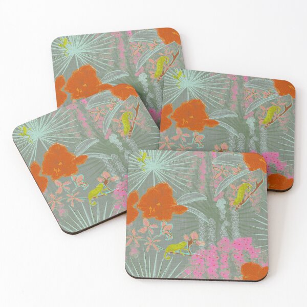 Item preview, Hot House Tropical Floral with Geckos, Frogs, Plumeria Sage and Bright Hot Pink Red Green designed and sold by LoveAlways-AEP.