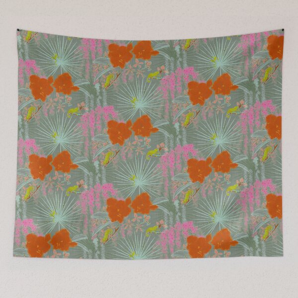 Item preview, Hot House Tropical Floral with Geckos, Frogs, Plumeria Sage and Bright Hot Pink Red Green designed and sold by LoveAlways-AEP.