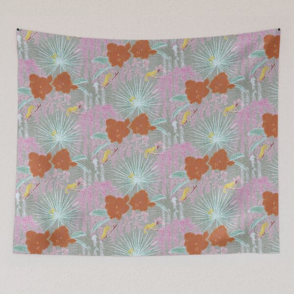 Item preview, Hot House Tropical Floral with Geckos, Frogs, Plumeria, and Palms Pastels Pink and Coral Red designed and sold by LoveAlways-AEP.
