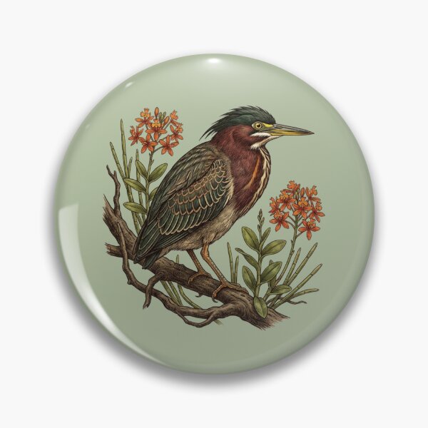Item preview, Green Heron Orange Orchids Wetland Bird Illustration designed and sold by BirdsnStuff.