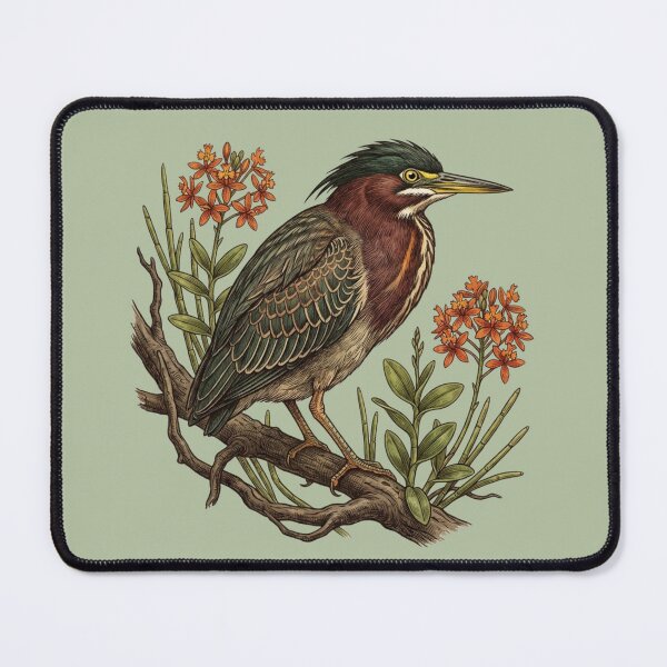 Item preview, Green Heron Orange Orchids Wetland Bird Illustration designed and sold by BirdsnStuff.