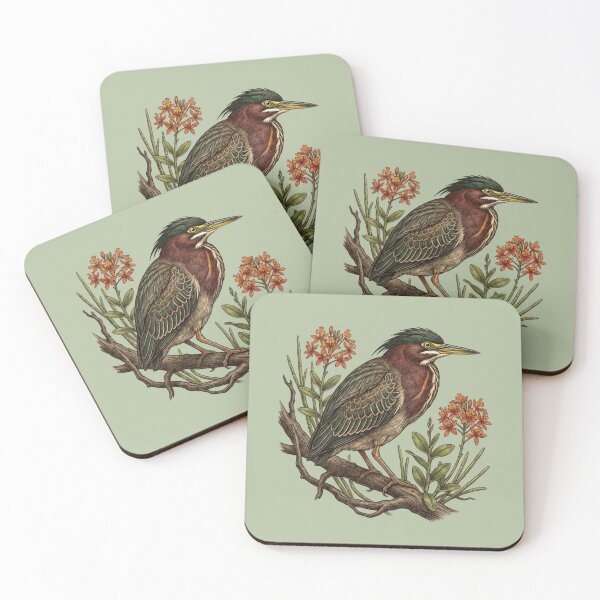 Item preview, Green Heron Orange Orchids Wetland Bird Illustration designed and sold by BirdsnStuff.