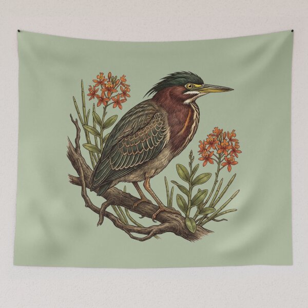 Item preview, Green Heron Orange Orchids Wetland Bird Illustration designed and sold by BirdsnStuff.