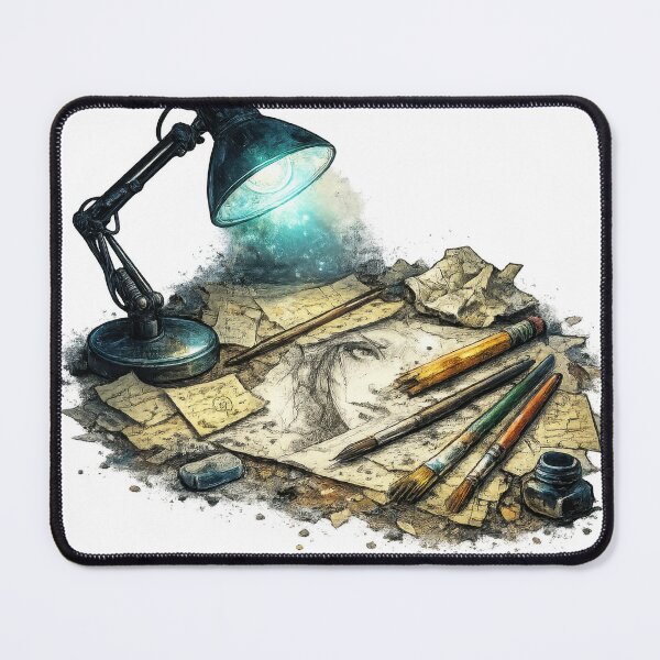 Item preview, Glowing Desk Lamp Over Artist Tools and Maps designed and sold by jgvisualarts.