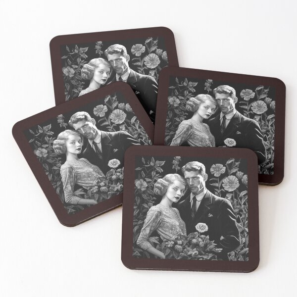 Item preview, Vintage Gothic Couple Portrait with Floral Black and White Art designed and sold by inkoutninja.