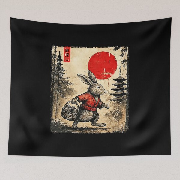 Item preview, Vintage Japanese Rabbit Art with Red Sun Illustration designed and sold by titanlevi.