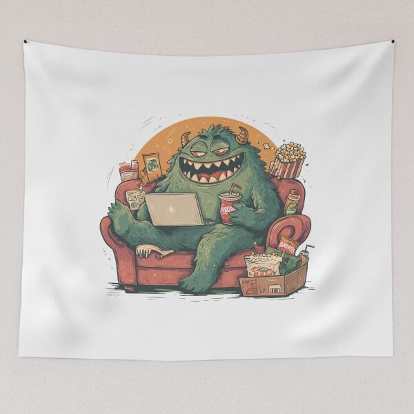 Item preview, Funny Green Monster Gaming on Couch Snack Illustration designed and sold by StickerHavenn.