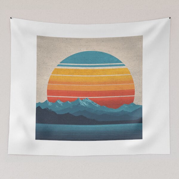 Item preview, Retro Sunset Mountain Landscape Circle Vintage Style Art designed and sold by StickerHavenn.