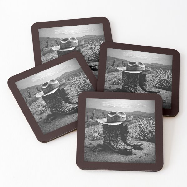 Item preview, Black and White Cowboy Boots and Hat Desert Landscape Art designed and sold by inkoutninja.