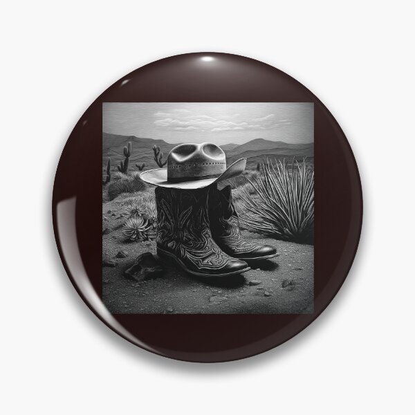 Item preview, Black and White Cowboy Boots and Hat Desert Landscape Art designed and sold by inkoutninja.