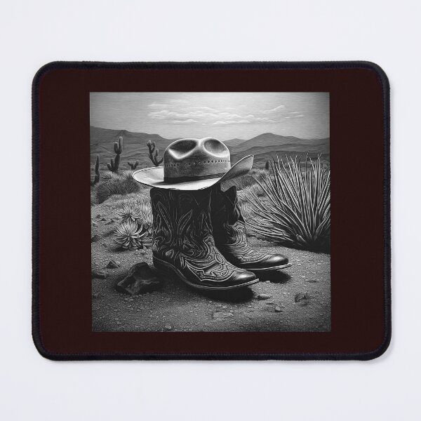 Item preview, Black and White Cowboy Boots and Hat Desert Landscape Art designed and sold by inkoutninja.