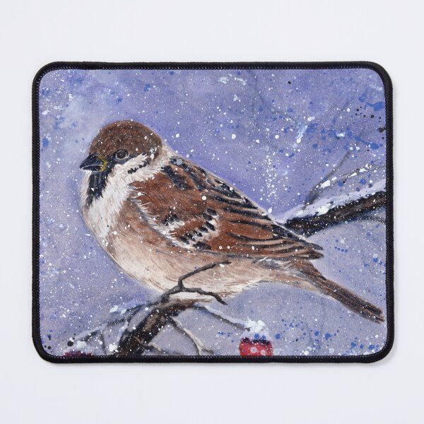 Item preview, Sparrow on Snowy Branch Watercolor – Minimal Winter Nature Scene | Calm Blue Winter Bird Art designed and sold by Tsveti_watercolors.