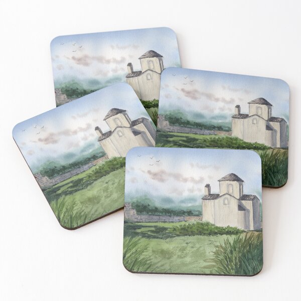 Item preview, Old White Church Watercolor Landscape – Rustic Countryside Scene | Vintage European Architecture Art designed and sold by Tsveti_watercolors.