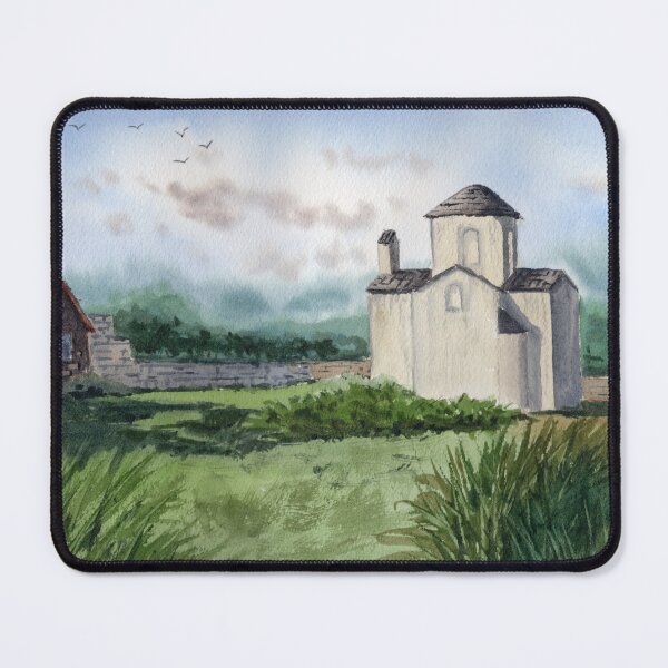 Item preview, Old White Church Watercolor Landscape – Rustic Countryside Scene | Vintage European Architecture Art designed and sold by Tsveti_watercolors.