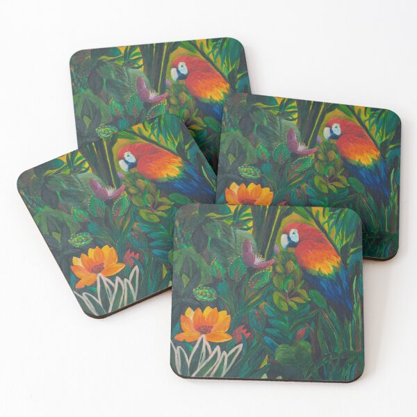 Item preview, A scarlet macaw among lush greenery and blossoms designed and sold by Agnieszka Gajewska art.