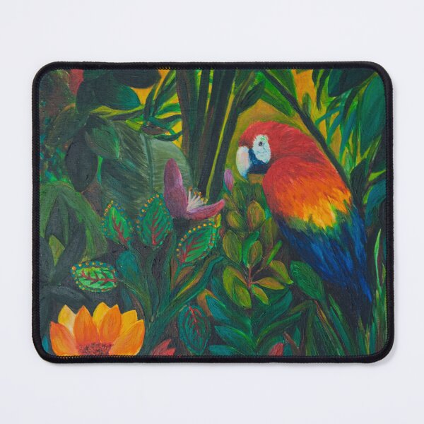 Item preview, A scarlet macaw among lush greenery and blossoms designed and sold by Agnieszka Gajewska art.
