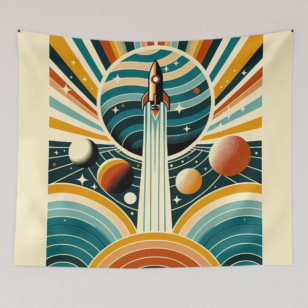 Item preview, Retro Rocket Launch Through Planet Rings designed and sold by InkSmithery.