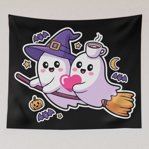 Item preview, Ghost Couple Broomstick Ride - Kawaii Witch Spooky Cute Art designed and sold by Spotty-Shanmukh.
