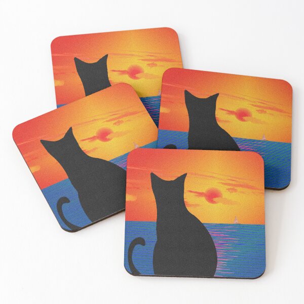 Item preview, Black Cat Sunset Ocean Silhouette Wall Art Retro Aesthetic Cat Art Print designed and sold by IconicDesignsXd.