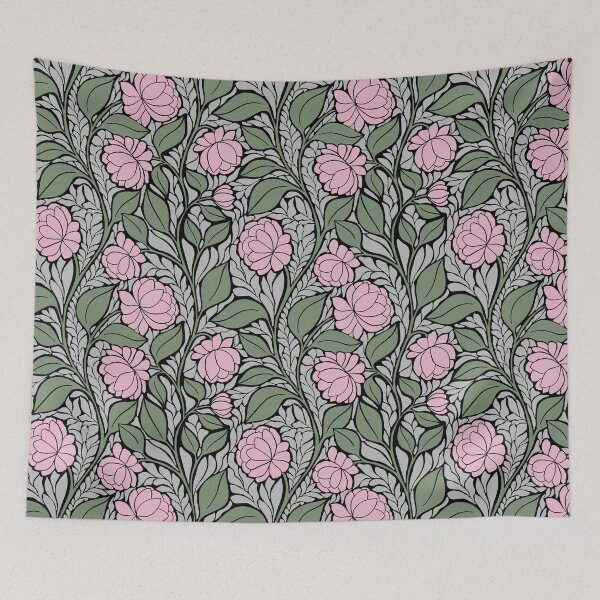 Item preview, Large Soft Pink Peony Art Nouveau Sage Green Botanical Pattern designed and sold by DColourMuse.