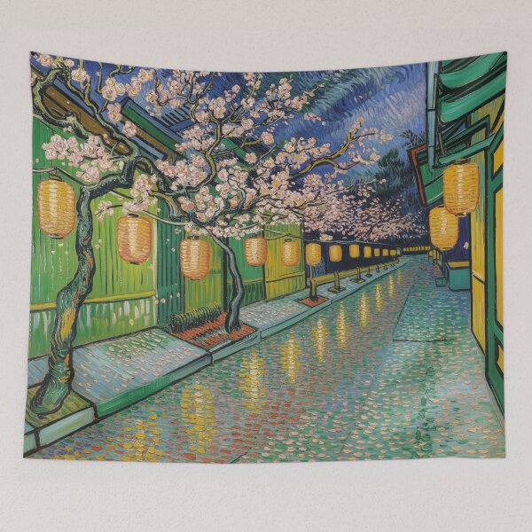 Item preview, Van Gogh Inspired Sakura Night Street – Japanese Cherry Blossom Oil Painting designed and sold by Tamas Das.