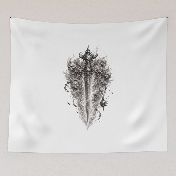 Item preview, Flaming Gothic Sword with Skulls — Hand Drawn Dark Pencil Sketch Illustration designed and sold by Mac Sketches.