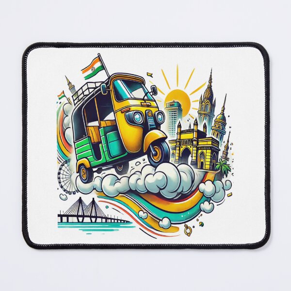 Item preview, India Auto Rickshaw Travel Art – Mumbai Landmarks Illustration, Indian Culture Tricolor Design, Vibrant Travel  designed and sold by Globalcitytees.