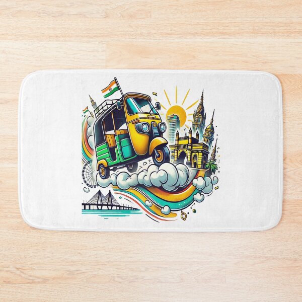 Item preview, India Auto Rickshaw Travel Art – Mumbai Landmarks Illustration, Indian Culture Tricolor Design, Vibrant Travel  designed and sold by Globalcitytees.