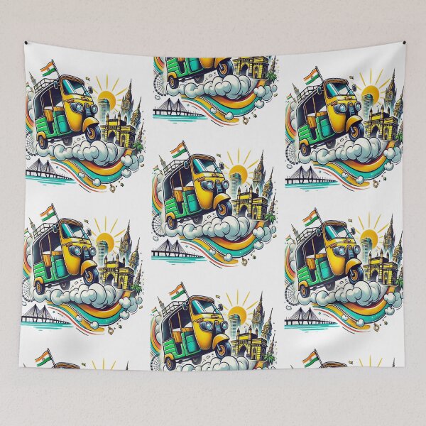 Item preview, India Auto Rickshaw Travel Art – Mumbai Landmarks Illustration, Indian Culture Tricolor Design, Vibrant Travel  designed and sold by Globalcitytees.