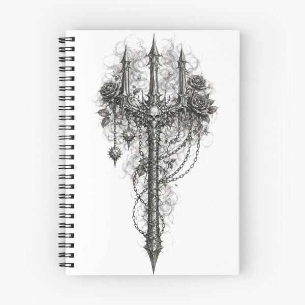 Aperçu de l'œuvre Trident gothique orné d'un crâne démoniaque — Illustration dessinée à la main au crayon noir créée et vendue par Mac Sketches.