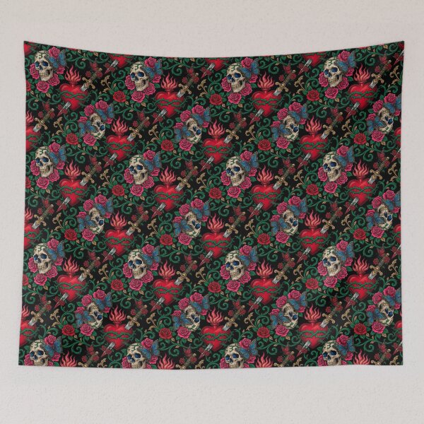 Item preview, blue butterflies & skulls. Tattoo Pattern | Ed Hardy Style | Lowbrow Pop Surrealism designed and sold by Piagor.