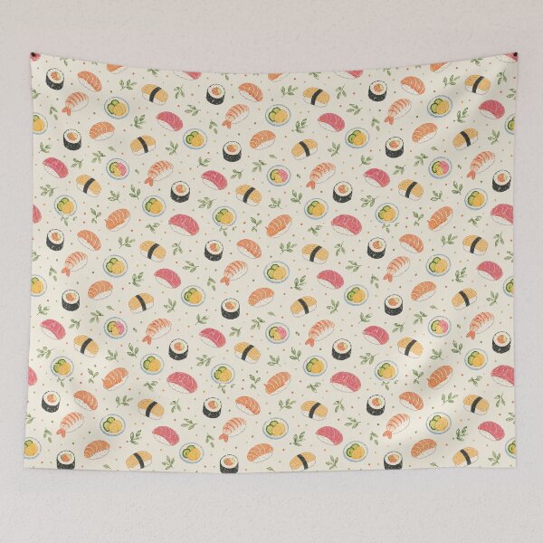 Item preview, Seamless watercolor sushi pattern with nigiri rolls and bowls designed and sold by juthamas8426.