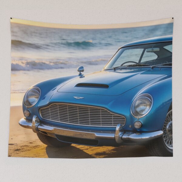 Item preview, Blue 1963 Aston Martin DB5 by the Beach – Ocean View Vintage Car Artwork designed and sold by BlareBlare.