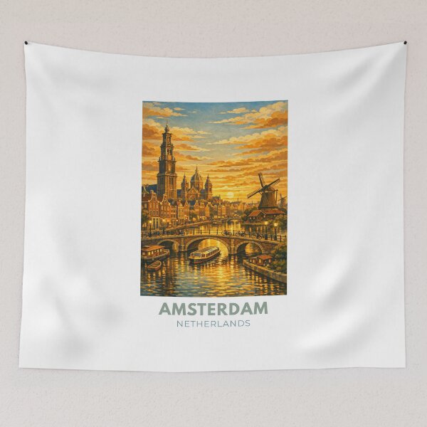 Item preview, Amsterdam Netherlands Modern Vintage Travel Poster – Retro Canal Cityscape Art designed and sold by MyTutina.