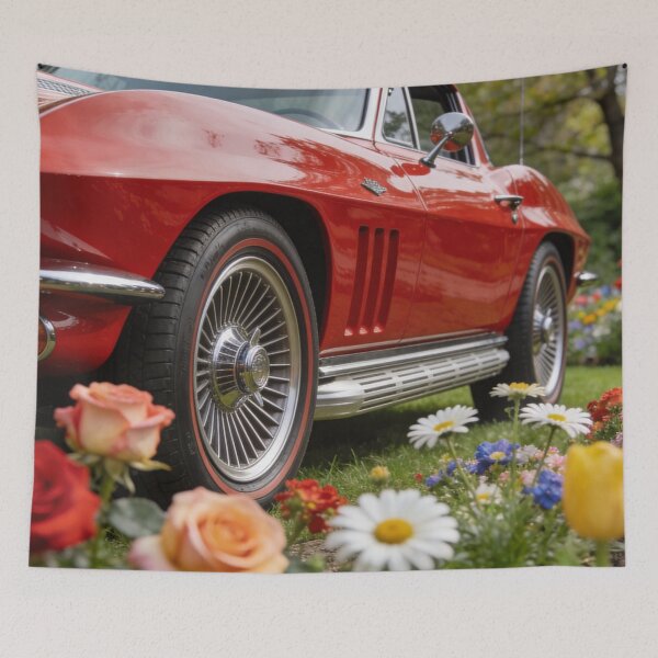 Item preview, Red 1967 Chevrolet Corvette 427 in Blooming Garden – Classic Car Art Decor designed and sold by BlareBlare.
