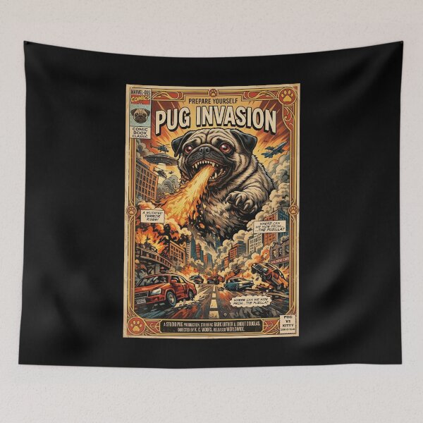 Item preview, Monster Pug Invasion – Retro Comic Style Giant Dog Chaos designed and sold by SidTastic .